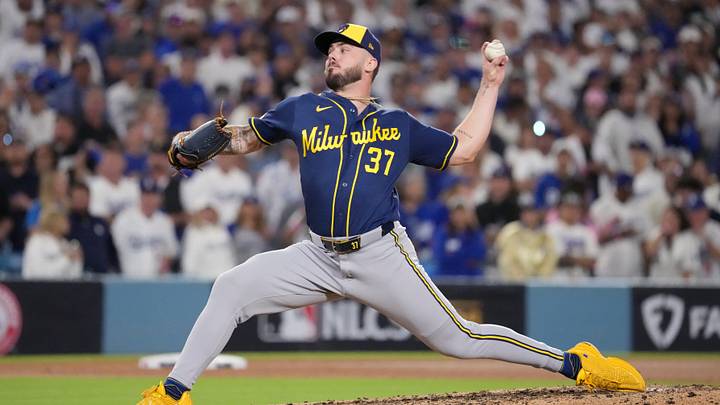 Oct 14, 2026; Los Angeles, California, USA; Milwaukee Brewers pitcher DL Hall (37) pitches against the Los Angeles Dodgers during the sixth inning in game three of the NLCS for the 2026 MLB Playoffs at Uniqlo Field at Dodger Stadium. Mandatory Credit: Kirby Lee-Imagn Images Oct 14, 2026; Los Angeles, California, USA; Milwaukee Brewers pitcher DL Hall (37) pitches against the Los Angeles Dodgers during the sixth inning in game three of the NLCS for the 2026 MLB Playoffs at Uniqlo Field at Dodger Stadium. Mandatory Credit: Kirby Lee-Imagn Images