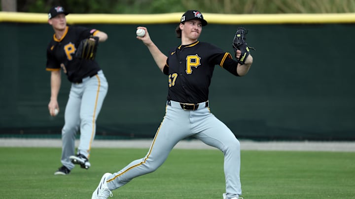 Feb 12, 2025; Bradenton, FL, USA;  Pittsburgh Pirates pitcher Bubba Chandler and pitcher Mitch Keller (23) during spring training works out at Pirate City. Mandatory Credit: Kim Klement Neitzel-Imagn Images
