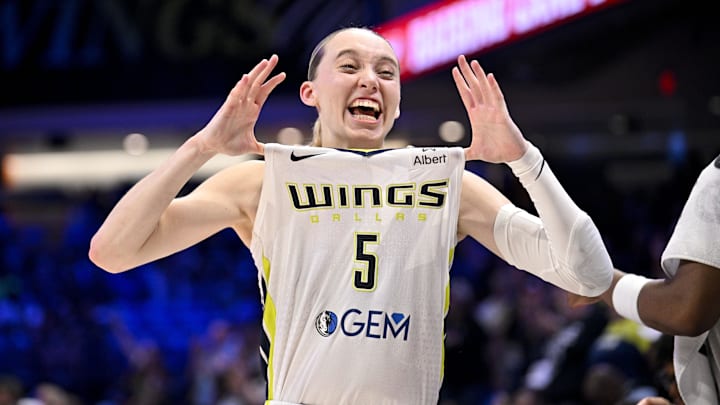 Sep 11, 2025; Arlington, Texas, USA; Dallas Wings guard Paige Bueckers (5) celebrates after the game against the Phoenix Mercury at College Park Center. Mandatory Credit: Jerome Miron-Imagn Images