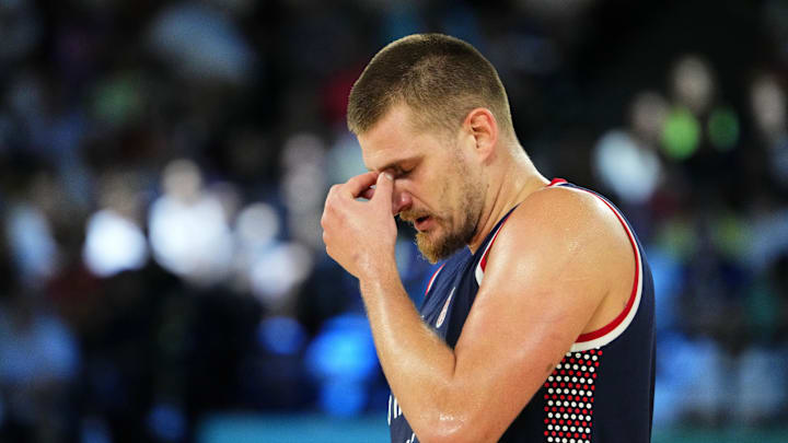 Serbia center Nikola Jokic (15) against Germany during the Paris 2024 Olympic Summer Games at Accor Arena. Serbia center Nikola Jokic (15) against Germany during the Paris 2024 Olympic Summer Games at Accor Arena.