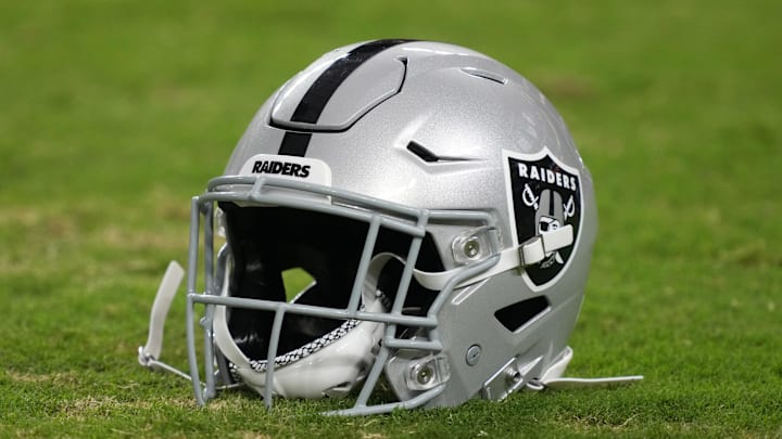 Aug 23, 2024; Paradise, Nevada, USA; A Las Vegas Raiders Riddell speedflex helmet on the field at Allegiant Stadium. Mandatory Credit: Kirby Lee-Imagn Images
