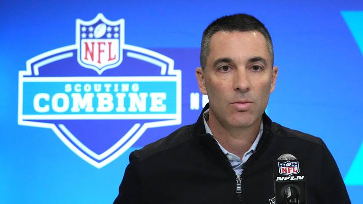 Feb 27, 2024; Indianapolis, IN, USA; Las Vegas Raiders general manager Tom Telesco during the NFL Feb 27, 2024; Indianapolis, IN, USA; Las Vegas Raiders general manager Tom Telesco during the NFL