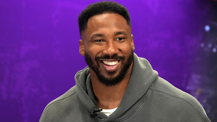 Feb 5, 2025; New Orleans, LA, USA; Cleveland Browns defensive end Myles Garrett on radio row at the Super Bowl LIX media center at the Ernest N. Morial Convention Center. Mandatory Credit: Kirby Lee-Imagn Images Feb 5, 2025; New Orleans, LA, USA; Cleveland Browns defensive end Myles Garrett on radio row at the Super Bowl LIX media center at the Ernest N. Morial Convention Center. Mandatory Credit: Kirby Lee-Imagn Images