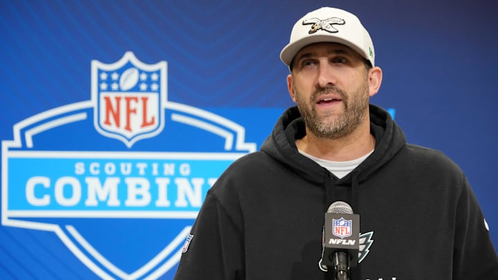 Feb 25, 2025; Indianapolis, IN, USA; Philadelphia Eagles coach Nick Sirianni speaks during the NFL Scouting Combine at the Indiana Convention Center.