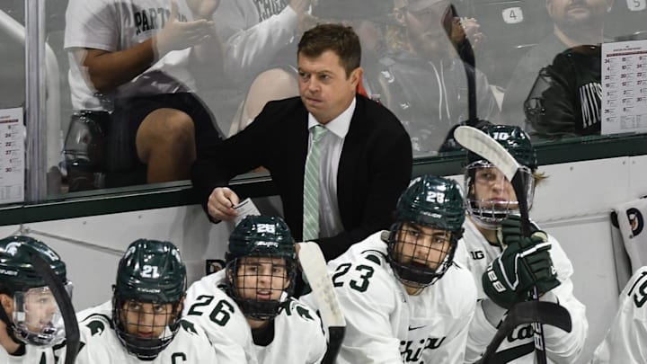 MSU Hockey Coach Adam Nightingale looks on during the Spartan's game against Boston College, Saturday, Oct. 12, 2024, at Munn Ice Arena in East Lansing. MSU won 4-3. MSU Hockey Coach Adam Nightingale looks on during the Spartan's game against Boston College, Saturday, Oct. 12, 2024, at Munn Ice Arena in East Lansing. MSU won 4-3.