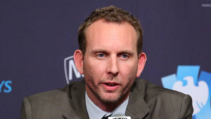 Feb 19, 2016; Brooklyn, NY, USA; Brooklyn Nets new general manager Sean Marks speaks to the media during a press conference before a game against the New York Knicks at Barclays Center. Mandatory Credit: Brad Penner-USA TODAY Sports Feb 19, 2016; Brooklyn, NY, USA; Brooklyn Nets new general manager Sean Marks speaks to the media during a press conference before a game against the New York Knicks at Barclays Center. Mandatory Credit: Brad Penner-USA TODAY Sports