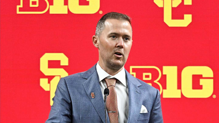 Jul 24, 2024; Indianapolis, IN, USA;  USC Trojans head coach Lincoln Riley speaks to the media during the Big 10 football media day at Lucas Oil Stadium. Mandatory Credit: Robert Goddin-Imagn Images