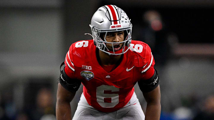 Jan 10, 2025; Arlington, TX, USA; Ohio State Buckeyes safety Sonny Styles (6) in action during the game between the Texas Longhorns and the Ohio State Buckeyes at AT&T Stadium. Mandatory Credit: Jerome Miron-Imagn Images