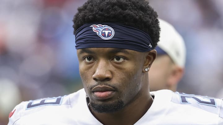 Oct 30, 2022; Houston, Texas, USA; Tennessee Titans safety Josh Thompson (29) on the sideline before the game against the Houston Texans at NRG Stadium. Mandatory Credit: Troy Taormina-Imagn Images