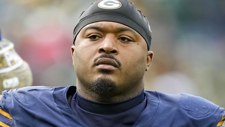 Nov 2, 2025; Green Bay, Wisconsin, USA;  Green Bay Packers guard Elgton Jenkins (74) following the game against the Carolina Panthers at Lambeau Field. Mandatory Credit: Jeff Hanisch-Imagn Images