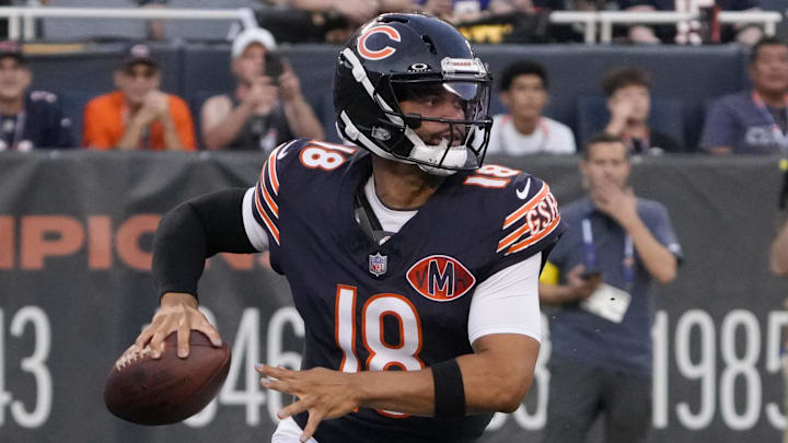 Aug 17, 2025; Chicago, Illinois, USA; Chicago Bears quarterback Caleb Williams (18) looks to pass the ball against the Buffalo Bills during the first quarter at Soldier Field. Mandatory Credit: David Banks-Imagn Images Aug 17, 2025; Chicago, Illinois, USA; Chicago Bears quarterback Caleb Williams (18) looks to pass the ball against the Buffalo Bills during the first quarter at Soldier Field. Mandatory Credit: David Banks-Imagn Images