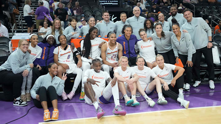 Phoenix Mercury players pose for a photo before playing against the Connecticut Sun at PHX Arena on Aug. 5, 2025, in Phoenix.