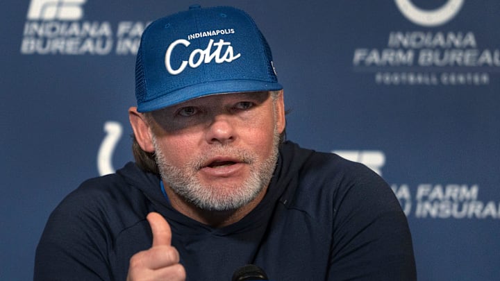 Indianapolis Colts General Manager Chris Ballard speaks to the media Thursday, Jan. 11, 2024 at the Indiana Farm Bureau Football Center, the Colts Complex. Indianapolis Colts General Manager Chris Ballard speaks to the media Thursday, Jan. 11, 2024 at the Indiana Farm Bureau Football Center, the Colts Complex.