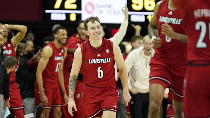 Jan 21, 2025; Dallas, Texas, USA; Louisville Cardinals guard Reyne Smith (6) reacts after a made three-point basket against the SMU Mustangs during the second half at Moody Coliseum. Jan 21, 2025; Dallas, Texas, USA; Louisville Cardinals guard Reyne Smith (6) reacts after a made three-point basket against the SMU Mustangs during the second half at Moody Coliseum.