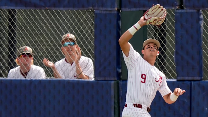 May 20, 2025; Hoover, AL, USA; Alabama outfielder Bryce Fowler (9) catches a deep fly to right during the game with Missouri in the first game of the SEC Baseball Tournament at the Hoover Met.