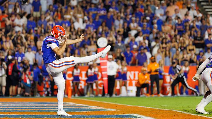 Nov 22, 2025; Gainesville, Florida, USA; Florida Gators kicker Tommy Doman (19) punts the ball from the endzone against the Tennessee Volunteers during the second half at Ben Hill Griffin Stadium. Mandatory Credit: Matt Pendleton-Imagn Images