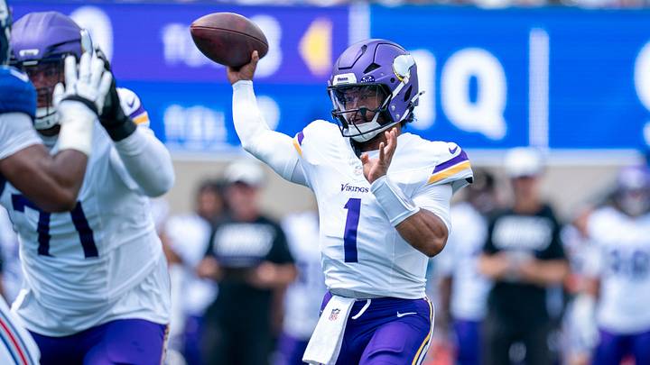 Minnesota Vikings quarterback Kyler Murray (1) throws a pass during a preseason opening game between the New York Giants and Minnesota Vikings on Aug. 15, 2026, at MetLife Stadium in East Rutherford, New Jersey. Minnesota Vikings quarterback Kyler Murray (1) throws a pass during a preseason opening game between the New York Giants and Minnesota Vikings on Aug. 15, 2026, at MetLife Stadium in East Rutherford, New Jersey.