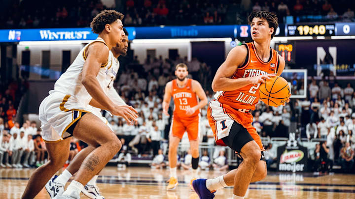 Illinois forward Andrej Stojakovic (2) looks for his shot against Northwestern in the Illini's 79-68 win over the Wildcats on Jan. 14 at Welsh-Ryan Arena in Evanston, Illinois.