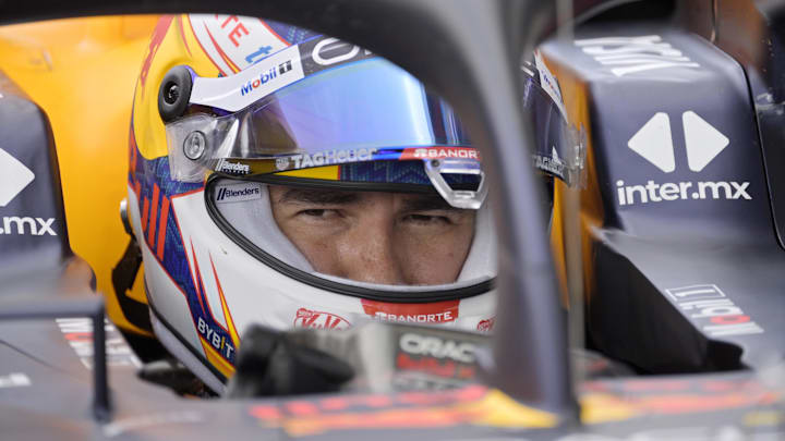 Jun 8, 2024; Montreal, Quebec, CAN; Red Bull Racing driver Sergio Perez (MEX) in the pit lane at Circuit Gilles Villeneuve. Mandatory Credit: Eric Bolte-Imagn Images
