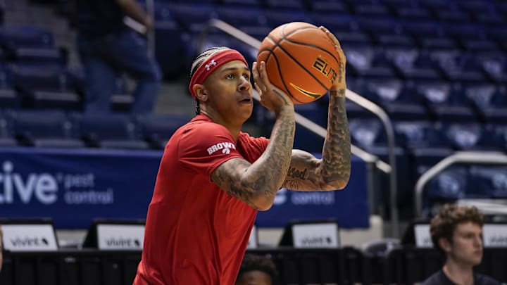 Jan 24, 2026; Provo, Utah, USA; Utah Utes guard Terrence Brown (2) warms up prior to a game against the BYU Cougars at Marriott Center. Mandatory Credit: Aaron Baker-Imagn Images 