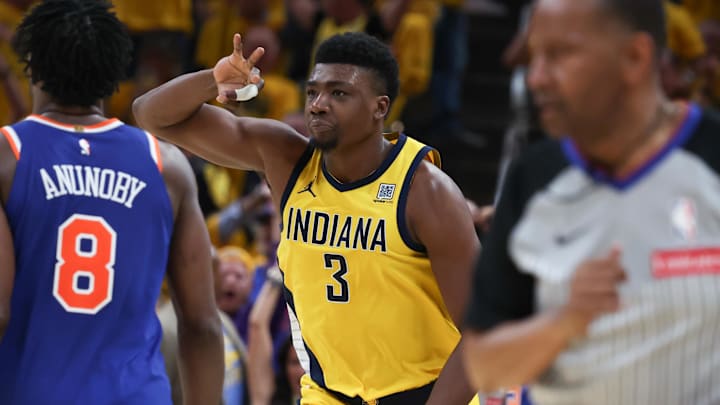 Indiana Pacers center Thomas Bryant (3) celebrates after a three-point basket against the New York Knicks in the third quarter during game six of the eastern conference finals for the 2025 NBA Playoffs at Gainbridge Fieldhouse.