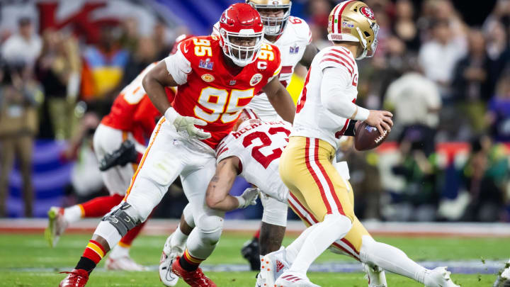 Feb 11, 2024; Paradise, Nevada, USA; Kansas City Chiefs defensive tackle Chris Jones (95) pursues San Francisco 49ers quarterback Brock Purdy in Super Bowl LVIII at Allegiant Stadium. Mandatory Credit: Mark J. Rebilas-USA TODAY Sports