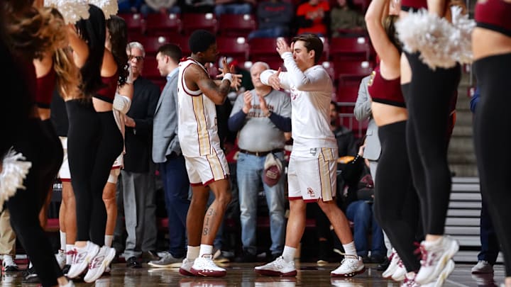 Fred Payne emotes with Jack DiDonna during starter announcements at Conte Forum on Feb. 7, 2026.