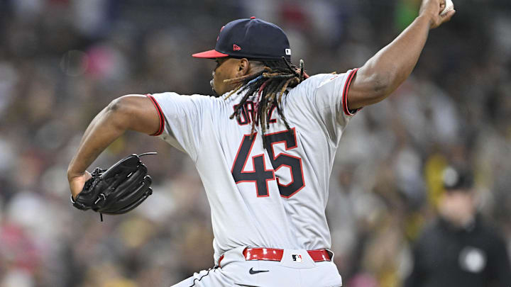 Mar 31, 2025; San Diego, California, USA; Cleveland Guardians pitcher Luis L. Ortiz (45) throws a pitch during the first inning against the San Diego Padres at Petco Park. Mandatory Credit: Denis Poroy-Imagn Images