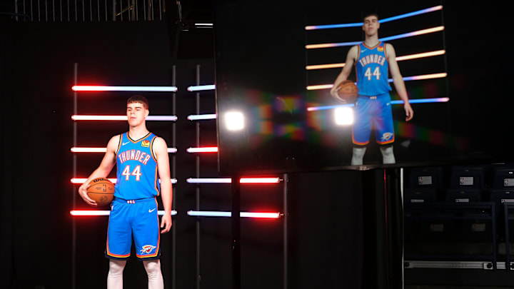 Nikola Topic (44) during the Thunder Media Day for the 25-26 NBA season at the Paycom Center Monday, Sept. 29, 2025.