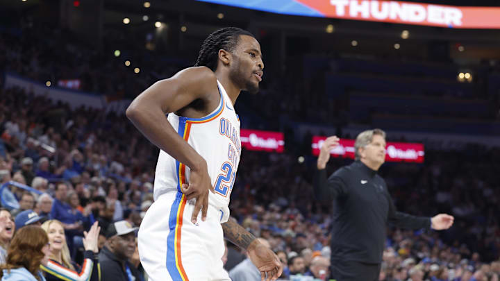 Feb 24, 2025; Oklahoma City, Oklahoma, USA; Oklahoma City Thunder guard Cason Wallace (22) celebrates after scoring a three point basket against the Minnesota Timberwolves during the second quarter at Paycom Center. Mandatory Credit: Alonzo Adams-Imagn Images