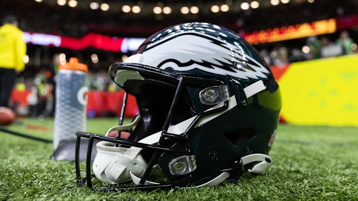 Feb 9, 2025; New Orleans, LA, USA; Detailed view of a Philadelphia Eagles helmet during Super Bowl LIX at Ceasars Superdome. Mandatory Credit: Mark J. Rebilas-Imagn Images