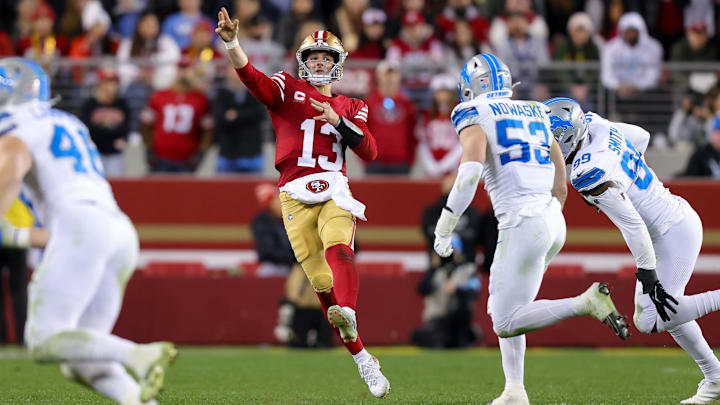 Dec 30, 2024; Santa Clara, California, USA; San Francisco 49ers quarterback Brock Purdy (13) during the game against the Detroit Lions at Levi's Stadium. Mandatory Credit: Sergio Estrada-Imagn Images