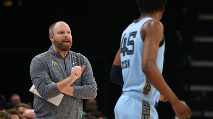 Mar 2, 2024; Memphis, Tennessee, USA; Memphis Grizzlies head coach Taylor Jenkins (left) gives