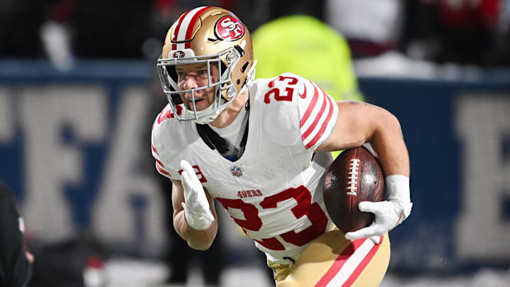 Dec 1, 2024; Orchard Park, New York, USA; San Francisco 49ers running back Christian McCaffrey (23) warms up before a game against the Buffalo Bills at Highmark Stadium. Mandatory Credit: Mark Konezny-Imagn Images
