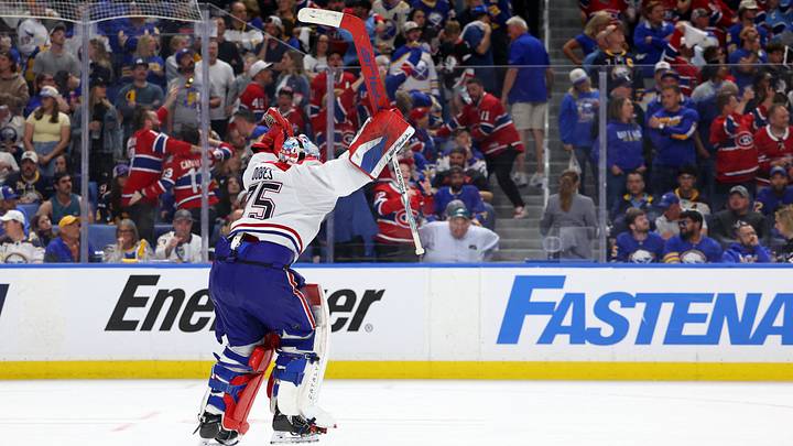 May 18, 2026; Buffalo, New York, USA; Montréal Canadiens goaltender Jakub Dobes (75) reacts after winning the game against the Buffalo Sabres during overtime in game seven of the second round of the 2026 Stanley Cup Playoffs at KeyBank Center. Mandatory Credit: Timothy T. Ludwig-Imagn Images