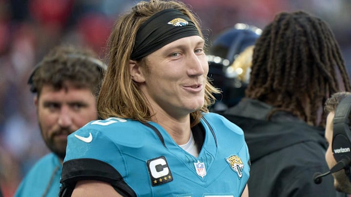 Oct 20, 2024; London, United Kingdom; Jacksonville Jaguars quarterback Trevor Lawrence (16) smiles in the second half during an NFL International Series game at Wembley Stadium. Mandatory Credit: Peter van den Berg-Imagn Images