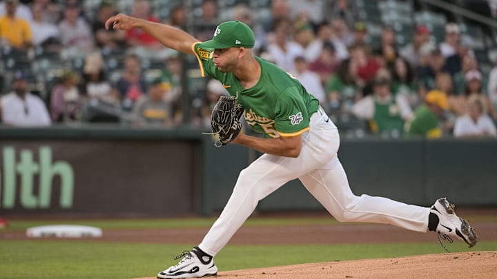 Sep 8, 2025; West Sacramento, California, USA; Athletics pitcher Luis Morales (58) throws a pitch against the Boston Red Sox during the first inning at Sutter Health Park. Mandatory Credit: Ed Szczepanski-Imagn Images