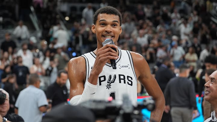 Oct 26, 2025; San Antonio, TX; Victor Wembanyama talks to Spurs fans after a game against the Brooklyn Nets at Frost Bank Center Oct 26, 2025; San Antonio, TX; Victor Wembanyama talks to Spurs fans after a game against the Brooklyn Nets at Frost Bank Center
