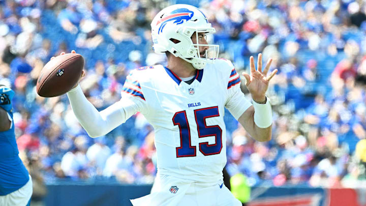 Aug 24, 2024; Orchard Park, New York, USA; Buffalo Bills quarterback Ben DiNucci (15) throws a pass in the second quarter pre-season game against the Carolina Panthers at Highmark Stadium. Mandatory Credit: Mark Konezny-Imagn Images Aug 24, 2024; Orchard Park, New York, USA; Buffalo Bills quarterback Ben DiNucci (15) throws a pass in the second quarter pre-season game against the Carolina Panthers at Highmark Stadium. Mandatory Credit: Mark Konezny-Imagn Images