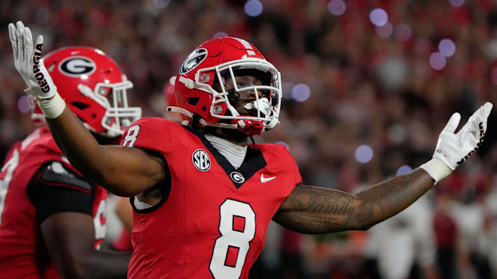 Georgia Bulldogs wide receiver Colbie Young (8) celebrates after scoring a touchdown during the first half of a NCAA college football game against Alabama in Athens, Ga., on Saturday, September 27, 2025.
