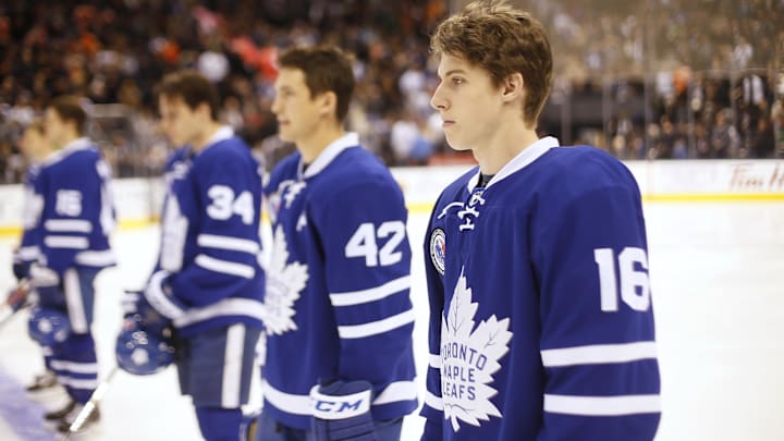 Nov 11, 2016; Toronto, Ontario, CAN; Toronto Maple Leafs forward Mitchell Marner (16) stands during the national anthem prior to a game against the Philadelphia Flyers at the Air Canada Centre. Toronto defeated Philadelphia 6-3. Mandatory Credit: John E. Sokolowski-Imagn Images Nov 11, 2016; Toronto, Ontario, CAN; Toronto Maple Leafs forward Mitchell Marner (16) stands during the national anthem prior to a game against the Philadelphia Flyers at the Air Canada Centre. Toronto defeated Philadelphia 6-3. Mandatory Credit: John E. Sokolowski-Imagn Images