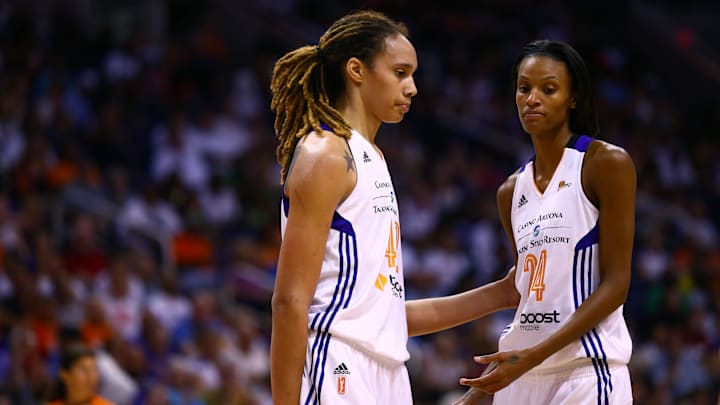 Sep 7, 2014; Phoenix, AZ, USA; Phoenix Mercury center Brittney Griner (left) and guard DeWanna Bonner against the Chicago Sky during game one of the WNBA Finals at US Airways Center. The Mercury defeated the Sky 83-62. Mandatory Credit: Mark J. Rebilas-Imagn Images