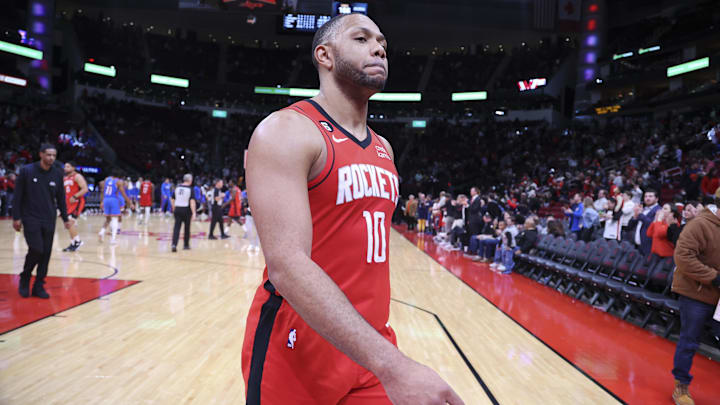 Feb 1, 2023; Houston, Texas, USA; Houston Rockets guard Eric Gordon (10) walks off the court after the game against the Oklahoma City Thunder at Toyota Center. Mandatory Credit: Troy Taormina-Imagn Images