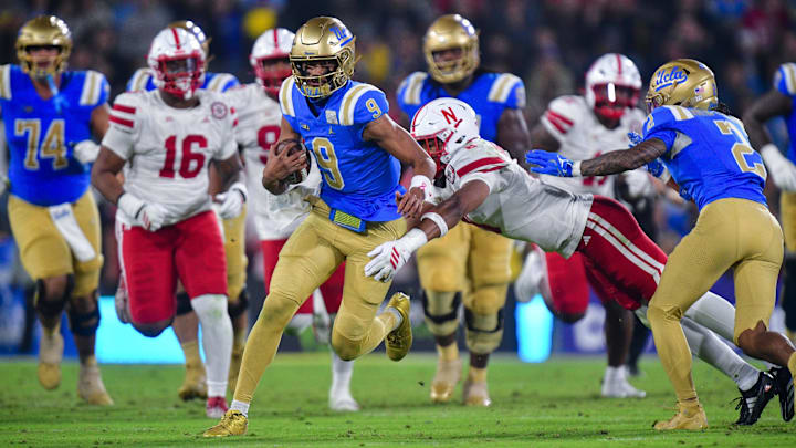 Nebraska's DeShon Singleton tackles UCLA quarterback Nico Iamaleava.