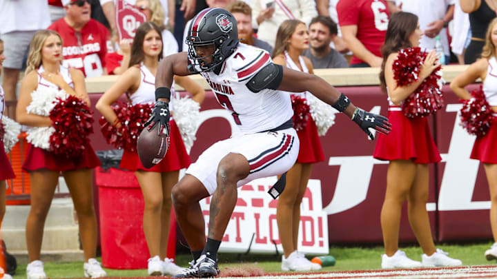 Oct 19, 2024; Norman, Oklahoma, USA;  South Carolina Gamecocks defensive back Nick Emmanwori (7) reacts after returning an interception for a touchdown during the first half against the Oklahoma Sooners at Gaylord Family-Oklahoma Memorial Stadium. 