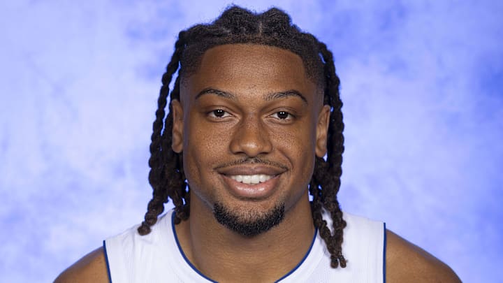 Sep 29, 2025; Detroit, MI, USA; Detroit Pistons guard Chaz Lanier (20) poses for his official head shot for the 2025-26 season at the Detroit Pistons Performance Center. Mandatory Credit: David Reginek-Imagn Images