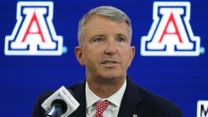 Jul 9, 2025; Frisco, TX, USA; Arizona head coach Brent Brennan speaks with the media during 2025 Big 12 Football Media Days at The Star. Mandatory Credit: Raymond Carlin III-Imagn Images3