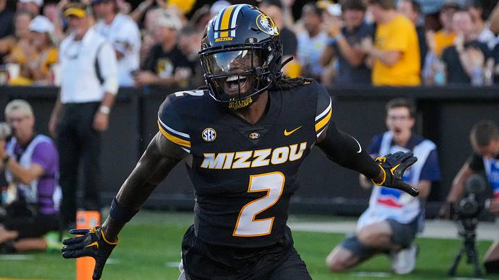 Missouri Tigers cornerback Toriano Pride Jr. (2) celebrates after scoring against the Murray State Racers on a pick six during the first half at Faurot Field at Memorial Stadium. Missouri Tigers cornerback Toriano Pride Jr. (2) celebrates after scoring against the Murray State Racers on a pick six during the first half at Faurot Field at Memorial Stadium.