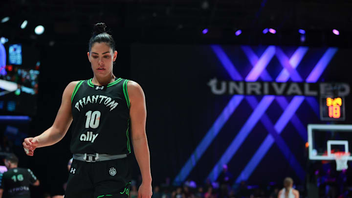 Mar 4, 2026; Miami, FL, USA; Phantom guard Kelsey Plum (10) looks on during the second half of the Unrivaled championship game against the Mist at Sephora Arena. Mandatory Credit: Sam Navarro-Imagn Images