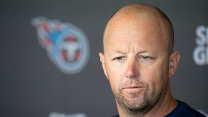 Tennessee Titans Offensive Coordinator Nick Holz fields questions during mandatory mini-camp at Ascension Saint Thomas Sports Park in Nashville, Tenn., Wednesday, June 5, 2024. Tennessee Titans Offensive Coordinator Nick Holz fields questions during mandatory mini-camp at Ascension Saint Thomas Sports Park in Nashville, Tenn., Wednesday, June 5, 2024.